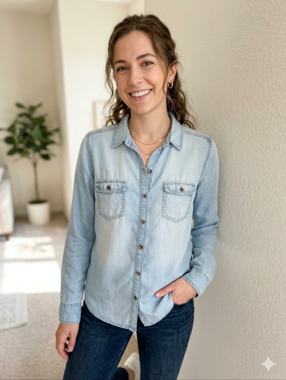 HALOGEN 100% Lyocell Light Blue Denim Classic Button-Down Shirt. Size Medium.
